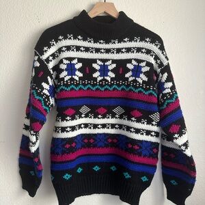 Vintage Black Apres/Christmas Sweater with Multicolor Patterns